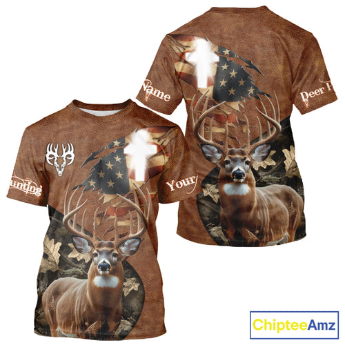 Whitetail Deer Hunting Leather Pattern US Flag Camouflage Custom Name 3D Shirts for Men NBT262