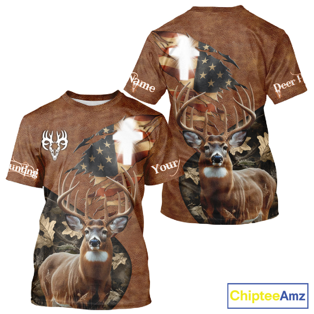 Whitetail Deer Hunting Leather Pattern US Flag Camouflage Custom Name 3D Shirts for Men NBT262