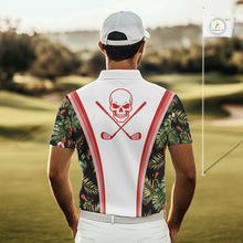 Load image into Gallery viewer, Custom Mens Golf Polo Shirts Funny Tropical Leaf Cross Skull Golf Clubs White Golf Shirt|Red NBT704