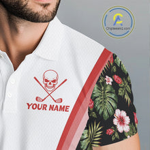 Load image into Gallery viewer, Custom Mens Golf Polo Shirts Funny Tropical Leaf Cross Skull Golf Clubs White Golf Shirt|Red NBT704
