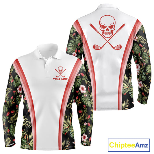 Custom Mens Golf Polo Shirts Funny Tropical Leaf Cross Skull Golf Clubs White Golf Shirt|Red NBT704
