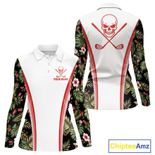 Load image into Gallery viewer, Custom Womens Golf Polo Shirts Funny Tropical Leaf Cross Skull Golf Clubs White Golf Shirt|Red NBT704