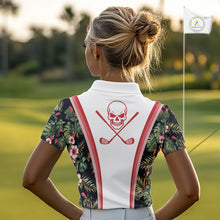 Load image into Gallery viewer, Custom Womens Golf Polo Shirts Funny Tropical Leaf Cross Skull Golf Clubs White Golf Shirt|Red NBT704