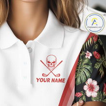 Load image into Gallery viewer, Custom Womens Golf Polo Shirts Funny Tropical Leaf Cross Skull Golf Clubs White Golf Shirt|Red NBT704