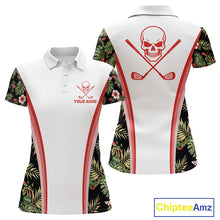 Load image into Gallery viewer, Custom Womens Golf Polo Shirts Funny Tropical Leaf Cross Skull Golf Clubs White Golf Shirt|Red NBT704