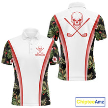 Load image into Gallery viewer, Custom Mens Golf Polo Shirts Funny Tropical Leaf Cross Skull Golf Clubs White Golf Shirt|Red NBT704