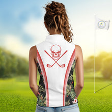 Load image into Gallery viewer, Custom Womens Sleeveless Golf Polo Shirts Funny Tropical Leaf Cross Skull Golf Clubs White Golf Shirt|Red NBT704