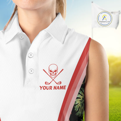 Custom Womens Sleeveless Golf Polo Shirts Funny Tropical Leaf Cross Skull Golf Clubs White Golf Shirt|Red NBT704