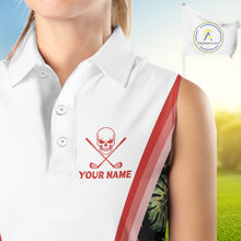 Load image into Gallery viewer, Custom Womens Sleeveless Golf Polo Shirts Funny Tropical Leaf Cross Skull Golf Clubs White Golf Shirt|Red NBT704