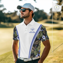 Load image into Gallery viewer, Custom Mens Golf Polo Shirts Funny Tropical Leaf Cross Skull Golf Clubs White Golf Shirt|Blue NBT705