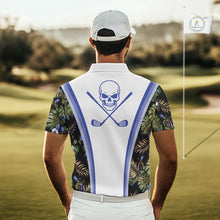 Load image into Gallery viewer, Custom Mens Golf Polo Shirts Funny Tropical Leaf Cross Skull Golf Clubs White Golf Shirt|Blue NBT705