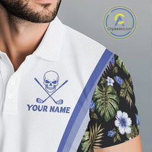 Load image into Gallery viewer, Custom Mens Golf Polo Shirts Funny Tropical Leaf Cross Skull Golf Clubs White Golf Shirt|Blue NBT705