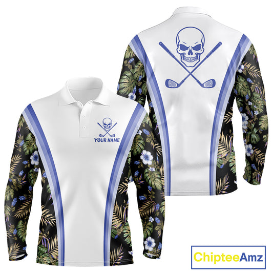 Custom Mens Golf Polo Shirts Funny Tropical Leaf Cross Skull Golf Clubs White Golf Shirt|Blue NBT705