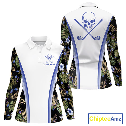 Custom Womens Golf Polo Shirts Funny Tropical Leaf Cross Skull Golf Clubs White Golf Shirt|Blue NBT705