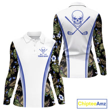 Load image into Gallery viewer, Custom Womens Golf Polo Shirts Funny Tropical Leaf Cross Skull Golf Clubs White Golf Shirt|Blue NBT705