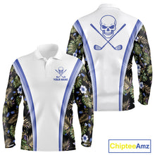 Load image into Gallery viewer, Custom Mens Golf Polo Shirts Funny Tropical Leaf Cross Skull Golf Clubs White Golf Shirt|Blue NBT705