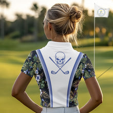 Load image into Gallery viewer, Custom Womens Golf Polo Shirts Funny Tropical Leaf Cross Skull Golf Clubs White Golf Shirt|Blue NBT705