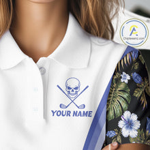 Load image into Gallery viewer, Custom Womens Golf Polo Shirts Funny Tropical Leaf Cross Skull Golf Clubs White Golf Shirt|Blue NBT705