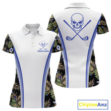 Load image into Gallery viewer, Custom Womens Golf Polo Shirts Funny Tropical Leaf Cross Skull Golf Clubs White Golf Shirt|Blue NBT705