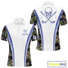 Load image into Gallery viewer, Custom Mens Golf Polo Shirts Funny Tropical Leaf Cross Skull Golf Clubs White Golf Shirt|Blue NBT705