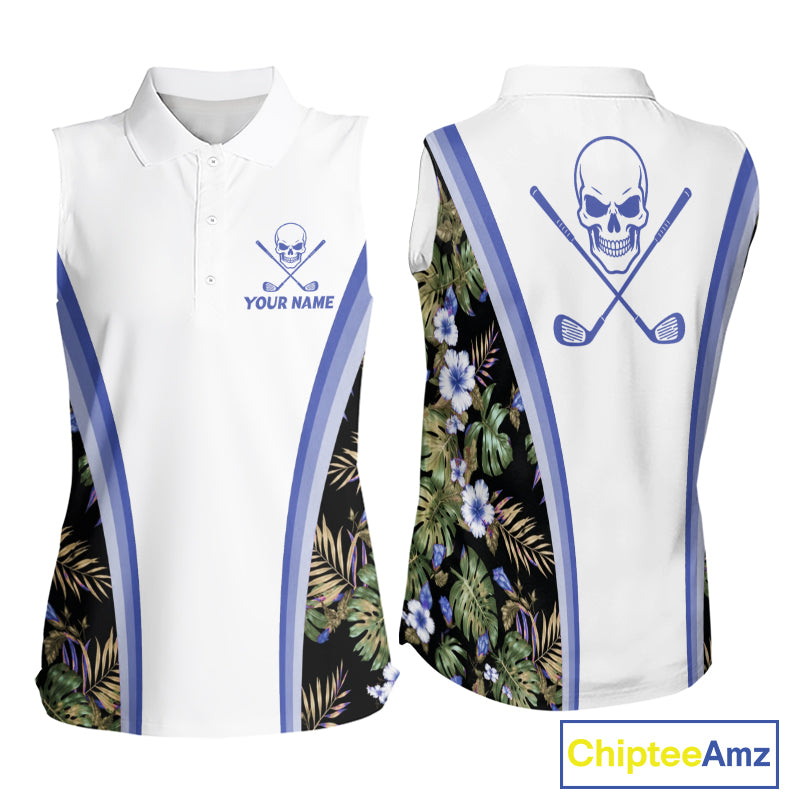 Custom Womens Sleeveless Golf Polo Shirts Funny Tropical Leaf Cross Skull Golf Clubs White Golf Shirt|Blue NBT705