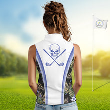 Load image into Gallery viewer, Custom Womens Sleeveless Golf Polo Shirts Funny Tropical Leaf Cross Skull Golf Clubs White Golf Shirt|Blue NBT705