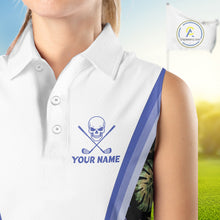 Load image into Gallery viewer, Custom Womens Sleeveless Golf Polo Shirts Funny Tropical Leaf Cross Skull Golf Clubs White Golf Shirt|Blue NBT705