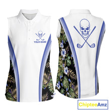 Load image into Gallery viewer, Custom Womens Sleeveless Golf Polo Shirts Funny Tropical Leaf Cross Skull Golf Clubs White Golf Shirt|Blue NBT705