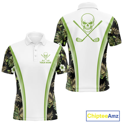 Custom Mens Golf Polo Shirts Funny Tropical Leaf Cross Skull Golf Clubs White Golf Shirt|Green NBT706