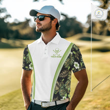 Load image into Gallery viewer, Custom Mens Golf Polo Shirts Funny Tropical Leaf Cross Skull Golf Clubs White Golf Shirt|Green NBT706