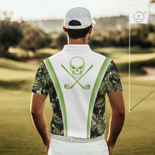 Load image into Gallery viewer, Custom Mens Golf Polo Shirts Funny Tropical Leaf Cross Skull Golf Clubs White Golf Shirt|Green NBT706