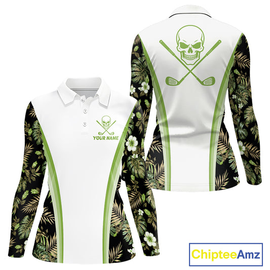 Custom Womens Golf Polo Shirts Funny Tropical Leaf Cross Skull Golf Clubs White Golf Shirt|Green NBT706