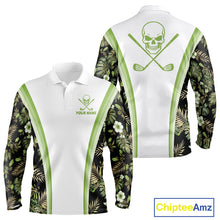 Load image into Gallery viewer, Custom Mens Golf Polo Shirts Funny Tropical Leaf Cross Skull Golf Clubs White Golf Shirt|Green NBT706