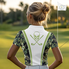 Load image into Gallery viewer, Custom Womens Golf Polo Shirts Funny Tropical Leaf Cross Skull Golf Clubs White Golf Shirt|Green NBT706