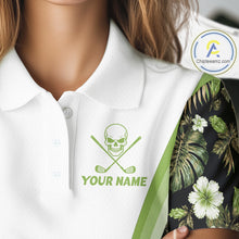 Load image into Gallery viewer, Custom Womens Golf Polo Shirts Funny Tropical Leaf Cross Skull Golf Clubs White Golf Shirt|Green NBT706