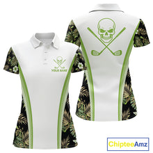 Load image into Gallery viewer, Custom Womens Golf Polo Shirts Funny Tropical Leaf Cross Skull Golf Clubs White Golf Shirt|Green NBT706