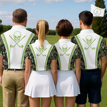 Load image into Gallery viewer, Custom Mens Golf Polo Shirts Funny Tropical Leaf Cross Skull Golf Clubs White Golf Shirt|Green NBT706