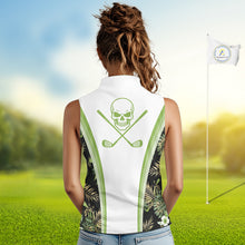 Load image into Gallery viewer, Custom Womens Sleeveless Golf Polo Shirts Funny Tropical Leaf Cross Skull Golf Clubs White Golf Shirt|Green NBT706
