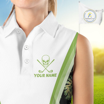 Custom Womens Sleeveless Golf Polo Shirts Funny Tropical Leaf Cross Skull Golf Clubs White Golf Shirt|Green NBT706