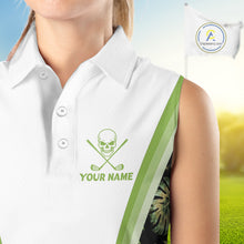 Load image into Gallery viewer, Custom Womens Sleeveless Golf Polo Shirts Funny Tropical Leaf Cross Skull Golf Clubs White Golf Shirt|Green NBT706