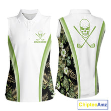 Load image into Gallery viewer, Custom Womens Sleeveless Golf Polo Shirts Funny Tropical Leaf Cross Skull Golf Clubs White Golf Shirt|Green NBT706