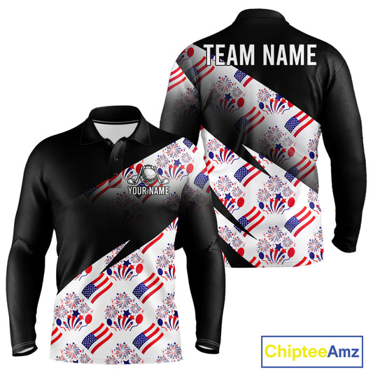 Front and back view of America 250th Anniversary mens long sleeve golf polo shirt with patriotic USA flag design with personalized name