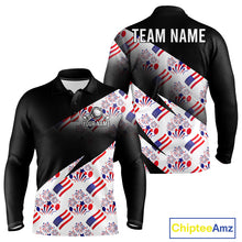 Load image into Gallery viewer, Front and back view of America 250th Anniversary mens long sleeve golf polo shirt with patriotic USA flag design with personalized name