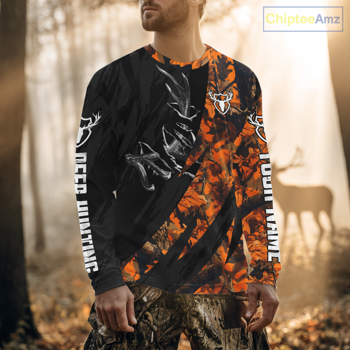 Personalized Deer Hunting Shirt with Antler 3D All Over Print Orange Camo Hunting Clothes NBT271