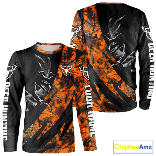 Personalized Deer Hunting Shirt with Antler 3D All Over Print Orange Camo Hunting Clothes NBT271