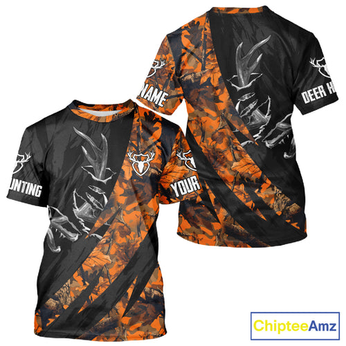 Personalized Deer Hunting Shirt with Antler 3D All Over Print Orange Camo Hunting Clothes NBT271
