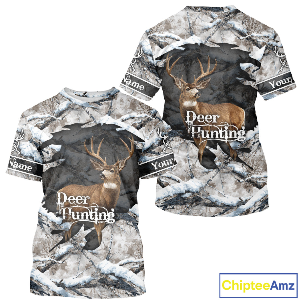 Whitetail Deer Hunting Shirts Custom Name Snow Camo, Deer Season Hunting Clothes For Men NBT273