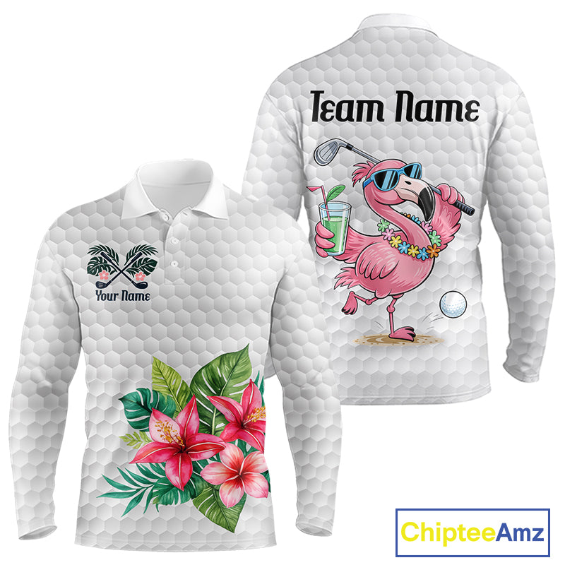 Golf Polo Shirts For Men Funny Flamingo Golf Ball Pattern Custom Name, Golf Gifts NBT566
