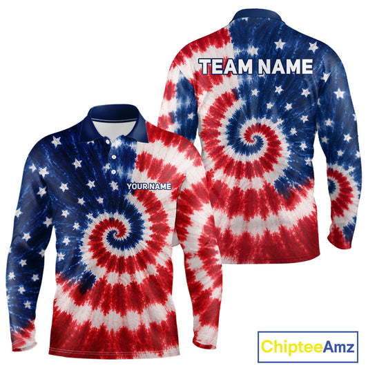 Front and back view of American flag tie dye mens long sleeve golf polo shirt with personalized name
