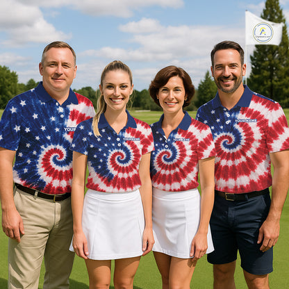Four people wearing tie-dye shirts with a golf course background